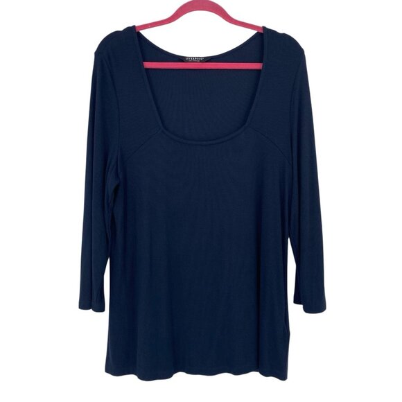 Liverpool Jeans Company Tops - Liverpool Womens XL Square Neck Navy Blue 3/4 Sleeve Ribbed Knit Blouse Office